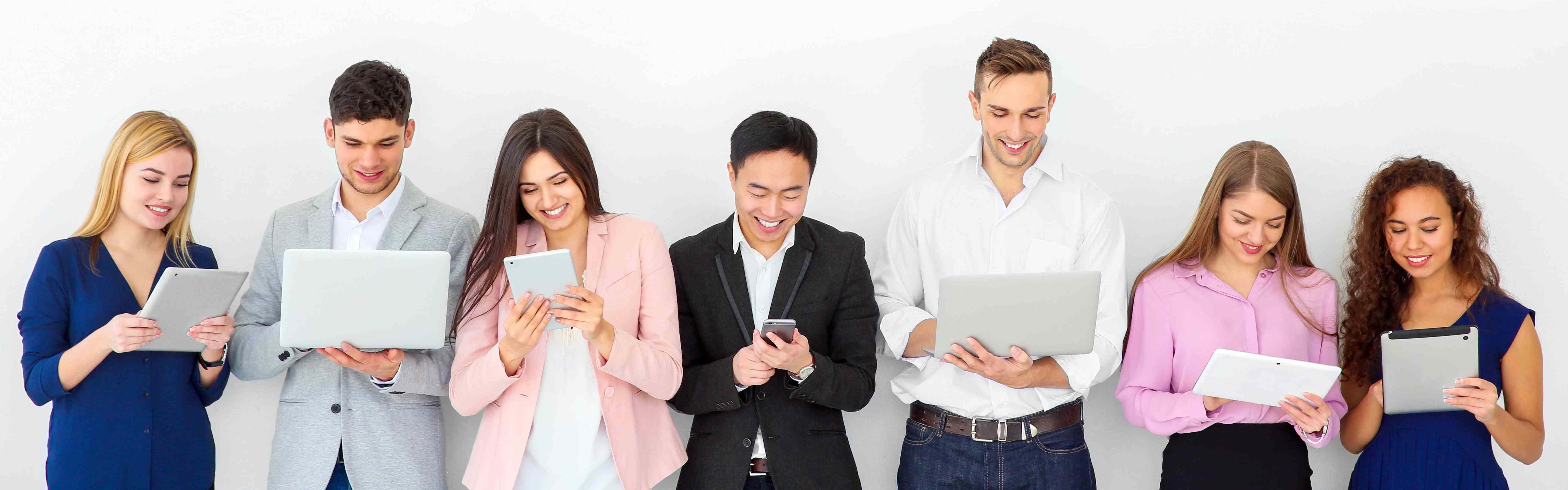 Group of working people on mobile devices